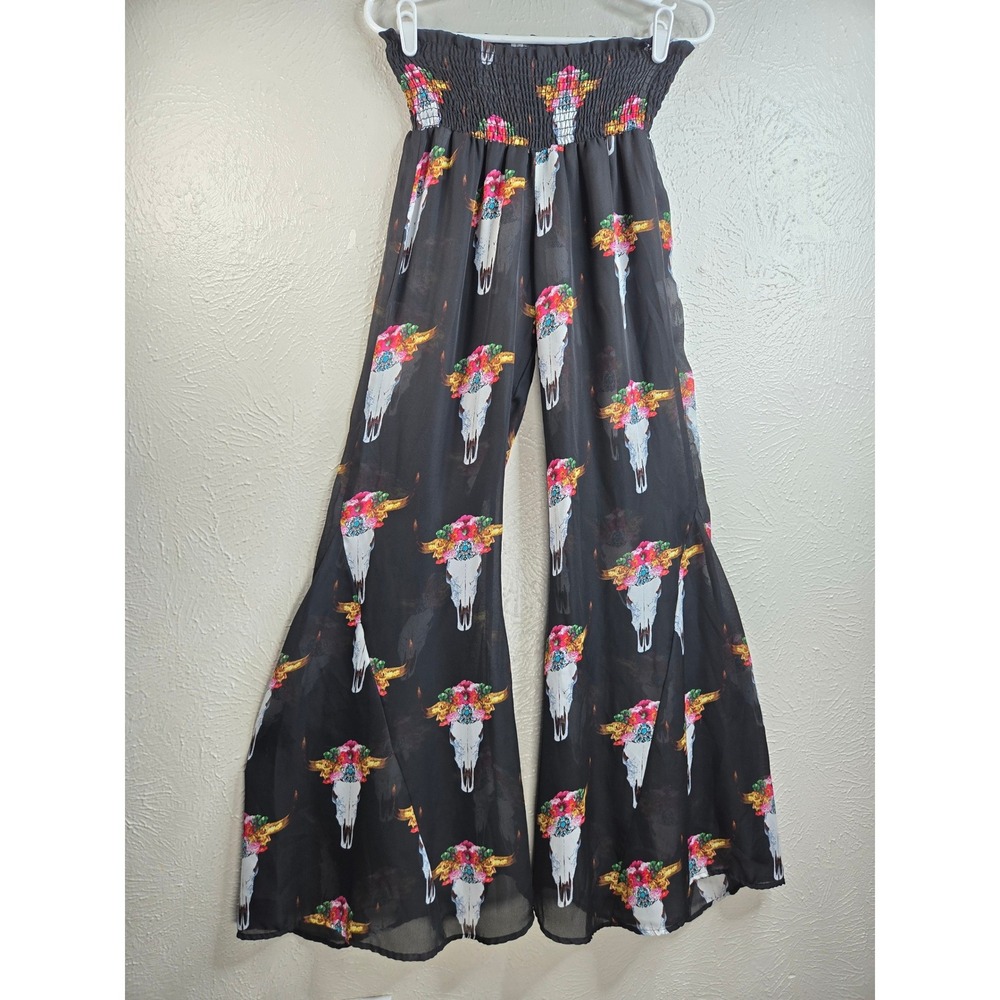 Wide Leg Palazzo Pants M Flowy Black Chiffon Bull Skull Floral Southwestern Boho